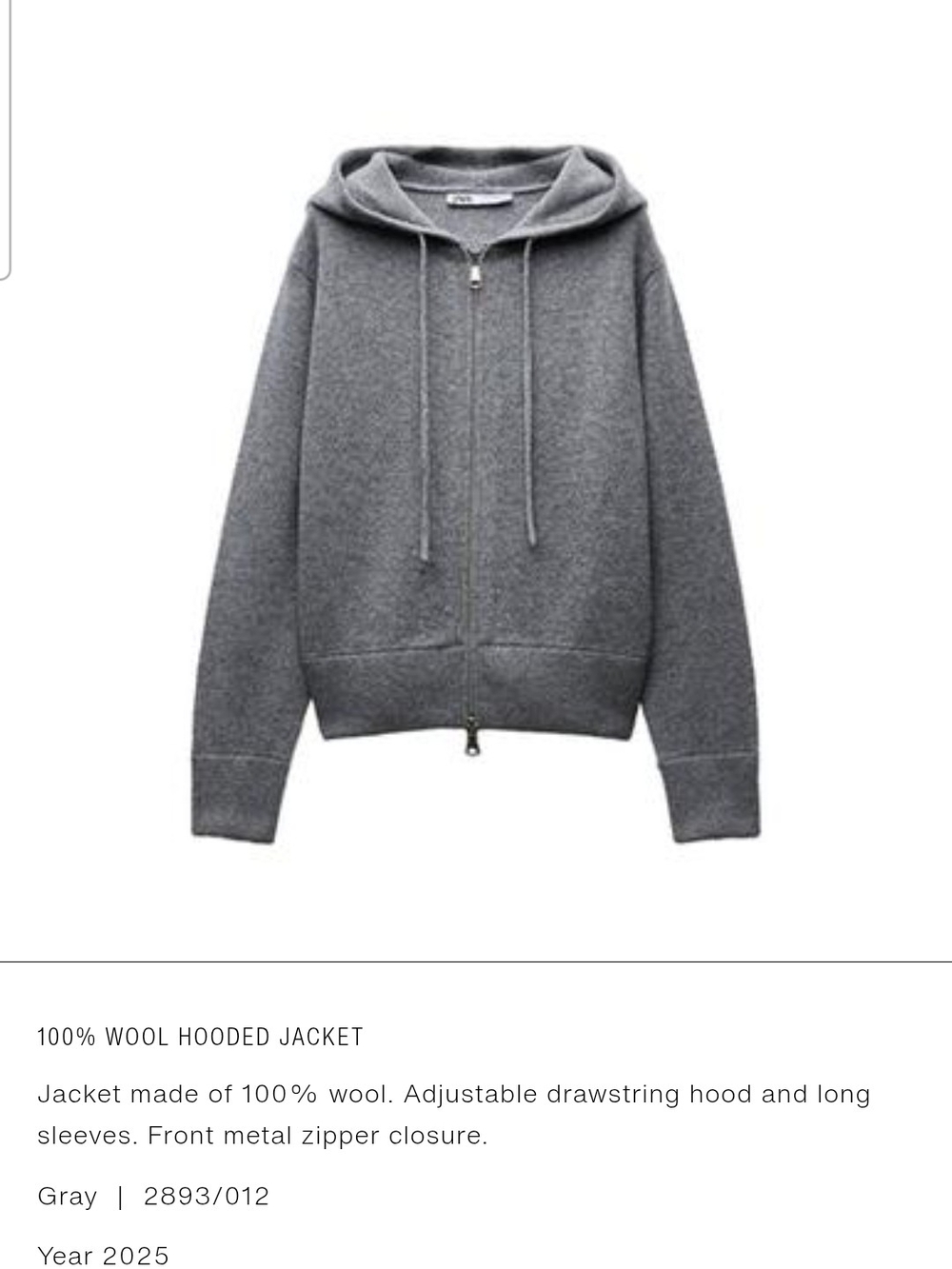 Zara NWT 100%wool Gray Wool Zip Hoodie